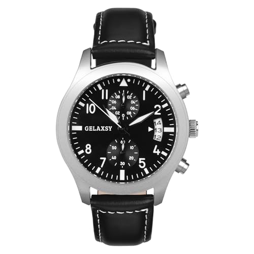 GELAXSY Herren-Chronograph, Quarzuhr mit Analoganzeige, Datumsfenster und Lederband, wasserabweisend, 42 mm, Schwarz , Klassisch GELAXSY Herren-Chronograph, Quarzuhr mit Analoganzeige, Datumsfenster und Lederband, wasserabweisend, 42 mm, Schwarz , Klassisch von GELAXSY