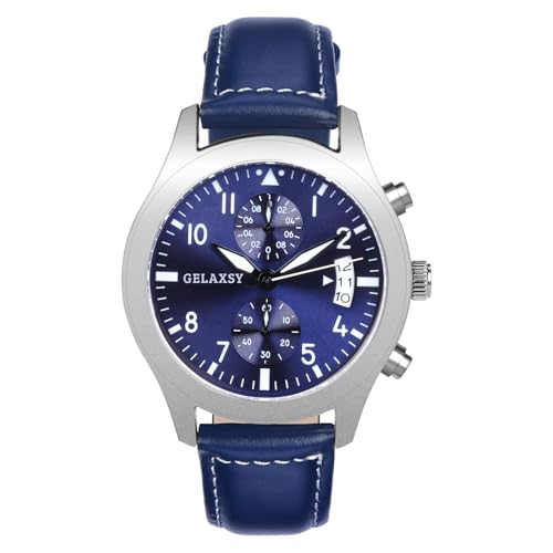 GELAXSY Herren-Chronograph, Quarzuhr mit Analoganzeige, Datumsfenster und Lederband, wasserabweisend, 42 mm, blau, Klassisch GELAXSY Herren-Chronograph, Quarzuhr mit Analoganzeige, Datumsfenster und Lederband, wasserabweisend, 42 mm, blau, Klassisch von GELAXSY