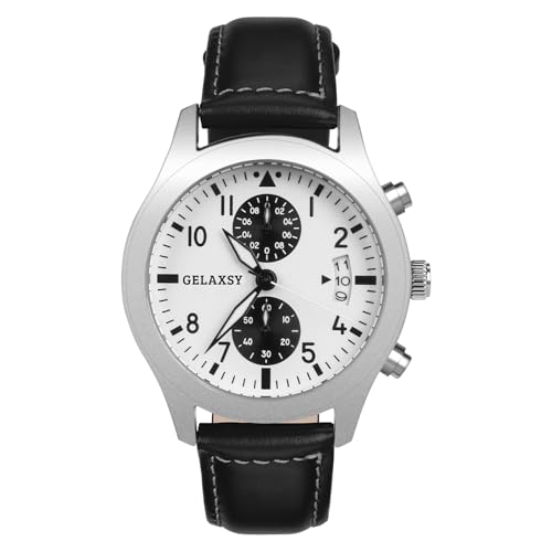 GELAXSY Herren-Chronograph, Quarzuhr mit Analoganzeige, Datumsfenster und Lederband, wasserabweisend, 42 mm, weiß, Klassisch GELAXSY Herren-Chronograph, Quarzuhr mit Analoganzeige, Datumsfenster und Lederband, wasserabweisend, 42 mm, weiß, Klassisch von GELAXSY