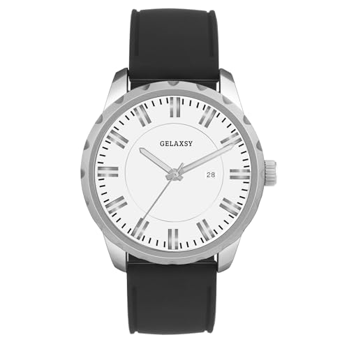 GELAXSY Herren-Quarzuhr mit großem Zifferblatt, 48 mm, analoges Display, Datumsfenster und Gummiband, wasserabweisend, Armbanduhr für Herren, schwarz/silberfarben, Klassisch GELAXSY Herren-Quarzuhr mit großem Zifferblatt, 48 mm, analoges Display, Datumsfenster und Gummiband, wasserabweisend, Armbanduhr für Herren, schwarz/silberfarben, Klassisch von GELAXSY
