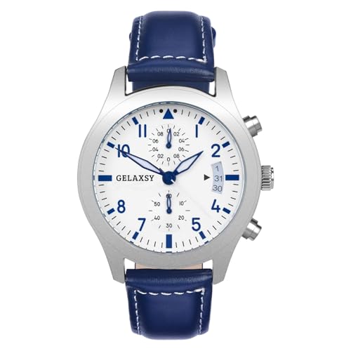 GELAXSY Herren-Chronograph, Quarzuhr mit Analoganzeige, Datumsfenster und Lederband, wasserabweisend, 42 mm, blau / weiß, Klassisch GELAXSY Herren-Chronograph, Quarzuhr mit Analoganzeige, Datumsfenster und Lederband, wasserabweisend, 42 mm, blau / weiß, Klassisch von GELAXSY