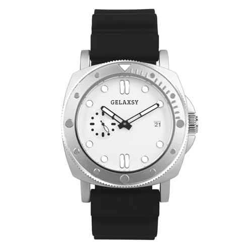 GELAXSY Herren-Quarzuhr mit Analoganzeige, Datumsfenster und Gummiband, wasserabweisend, 44 mm, weiß, Klassisch GELAXSY Herren-Quarzuhr mit Analoganzeige, Datumsfenster und Gummiband, wasserabweisend, 44 mm, weiß, Klassisch von GELAXSY