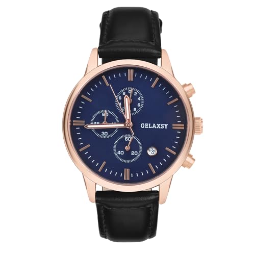GELAXSY Herren-Chronograph, Quarzuhr mit Analoganzeige, Datumsfenster und Lederband, wasserabweisend, 42 mm, Roségold Blau, Klassisch GELAXSY Herren-Chronograph, Quarzuhr mit Analoganzeige, Datumsfenster und Lederband, wasserabweisend, 42 mm, Roségold Blau, Klassisch von GELAXSY