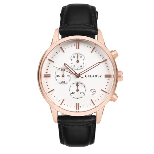 GELAXSY Herren-Chronograph, Quarzuhr mit Analoganzeige, Datumsfenster und Lederband, wasserabweisend, 42 mm, Roségold Weiß, Klassisch GELAXSY Herren-Chronograph, Quarzuhr mit Analoganzeige, Datumsfenster und Lederband, wasserabweisend, 42 mm, Roségold Weiß, Klassisch von GELAXSY