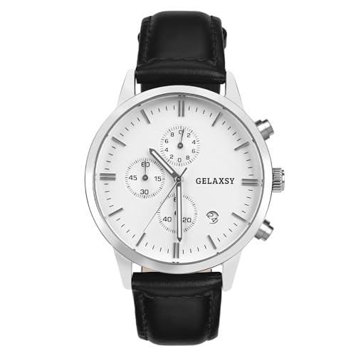 GELAXSY Herren Uhren Quarz Uhren mit Analoganzeige Datumsfenster und Lederband Chronograph Wasserdicht Analog Designer Armbanduhren für Männer, silberfarben / weiß, Klassisch GELAXSY Herren Uhren Quarz Uhren mit Analoganzeige Datumsfenster und Lederband Chronograph Wasserdicht Analog Designer Armbanduhren für Männer, silberfarben / weiß, Klassisch von GELAXSY