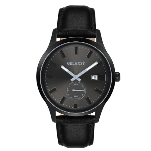 GELAXSY Herren-Quarzuhr mit Analoganzeige, Datumsfenster und Lederband, wasserabweisend, 41 mm, Schwarz , Klassisch GELAXSY Herren-Quarzuhr mit Analoganzeige, Datumsfenster und Lederband, wasserabweisend, 41 mm, Schwarz , Klassisch von GELAXSY