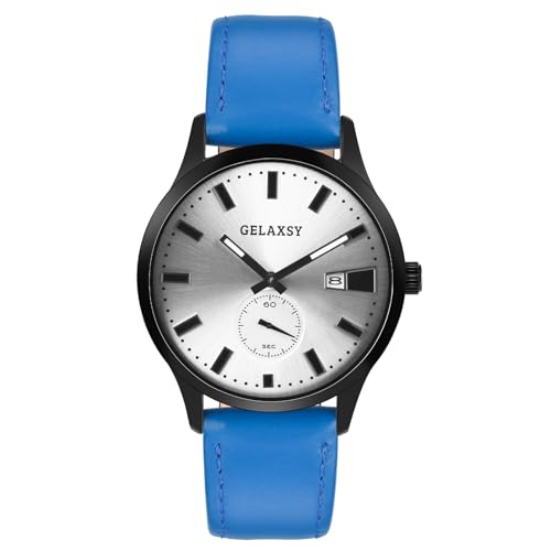 GELAXSY Herren-Quarzuhr mit analoger Anzeige, Datumsfenster und Lederband, wasserabweisend, 41 mm, blau / schwarz, Klassisch GELAXSY Herren-Quarzuhr mit analoger Anzeige, Datumsfenster und Lederband, wasserabweisend, 41 mm, blau / schwarz, Klassisch von GELAXSY