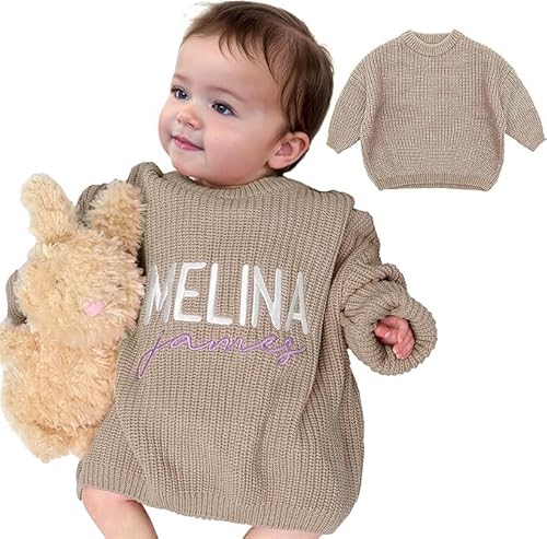 GELLEDI Personalisierter Strickpullover für Babys mit besticktem Namen, individueller Rundhalspullover mit Langen Ärmeln für Kleinkinder, Geburtstagsgeschenk für Mädchen und Jungen von GELLEDI