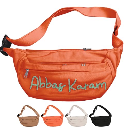 Individuell bestickte Bauchtasche – personalisierte Gürteltasche und Umhängetasche für Frauen – perfekter Reisebegleiter & Brautjungferngeschenk, Orange/Abendrot im Zickzackmuster (Sunset Chevron), 38 von GELLEDI