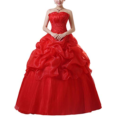 Damen Prinzessin Langes Kleid Trägerlos Hochzeitskleid A Linie Partykleid Abendkleid Brautjungfernkleid Ballkleid Rot M von GELing