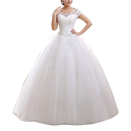 GELing Damen Hochzeitskleid Brautkleid Runde Ausschnitt Kurzarm Lange Spitzen Abendkleider Weiß EU 40 GELing Damen Hochzeitskleid Brautkleid Runde Ausschnitt Kurzarm Lange Spitzen Abendkleider Weiß EU 40 von GELing