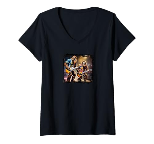 Damen Bigfoot Duo Jamming in Concert, lustige Guitar Vibes-Grafik T-Shirt mit V-Ausschnitt von GEM Wearable Art