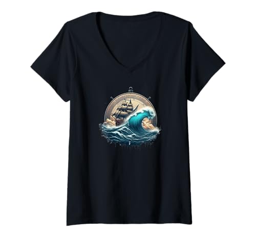 Damen Nautisches Thema Kompass Wellen und Segelboot Bootsbesitzer Grafik T-Shirt mit V-Ausschnitt von GEM Wearable Art