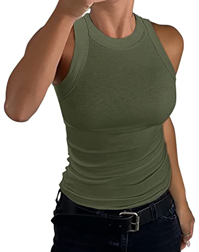 GEMBERA Ärmelloses Damen-Tanktop mit Racerback, hoher Ausschnitt, lässig, Basic-Baumwolle, gerippt, tailliertes Tanktop, OLIVEGREEN, Groß von GEMBERA