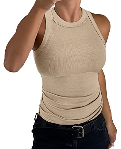 GEMBERA Ärmelloses Damen-Tanktop mit Racerback, hoher Kragen, lässig, Basic, Baumwolle, gerippt, tailliert, Beige, Groß von GEMBERA