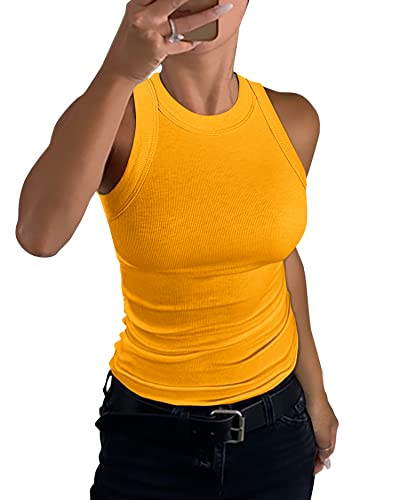 GEMBERA Ärmelloses Damen-Tanktop mit Racerback, hoher Kragen, lässig, Basic, Baumwolle, gerippt, tailliert, Yellow, Mittel von GEMBERA