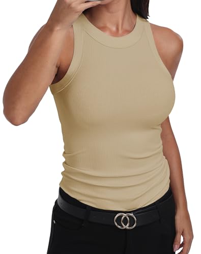 GEMBERA Ärmelloses Tanktop für Damen, Racerback, hoher Halsausschnitt, lässig, Baumwolle, gerippt, tailliert, Beige, Mittel GEMBERA Ärmelloses Tanktop für Damen, Racerback, hoher Halsausschnitt, lässig, Baumwolle, gerippt, tailliert, Beige, Mittel von GEMBERA