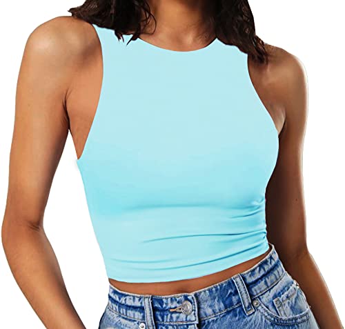 GEMBERA Damen Bauchfreie Oberteile mit hohem Ausschnitt, Basic Racerback, bauchfreies Tanktop, Workout, ärmellose Shirts, hellblau, X-Klein von GEMBERA