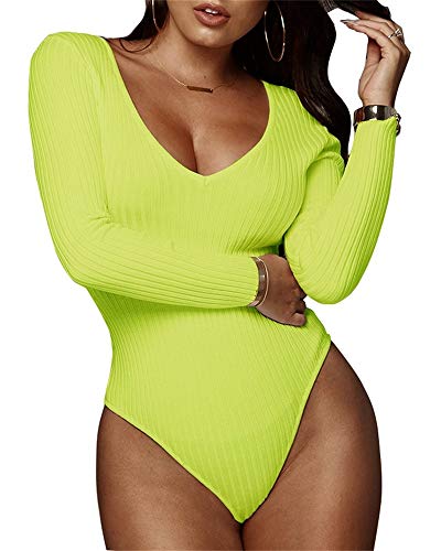 GEMBERA Damen Body mit tiefem V-Ausschnitt und langen Ärmeln, gerippter Strick - Grün - Small von GEMBERA