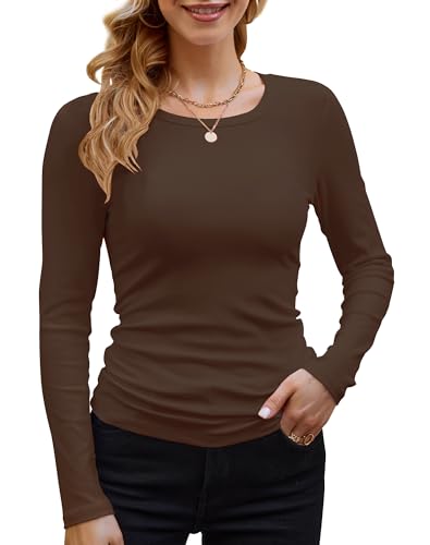 GEMBERA Damen Gerippte Langarm Rundhalsausschnitt Casual Slim Basic Shirts Fitted Knit Tops, Braun, Klein von GEMBERA