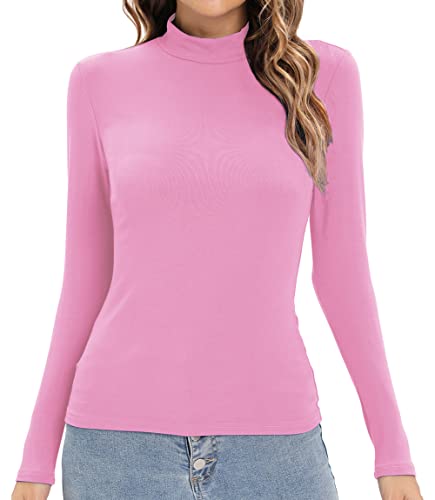 GEMBERA Damen Geripptes Mock Rollkragenhemd Top Langarm Strick Slim Fit T-Shirts, hot pink, Klein von GEMBERA