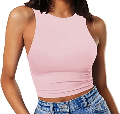 GEMBERA Damen High Neck Crop Tops Basic Racerback Cropped Tank Ärmellos Shirts, Aprikosenrosa, X-Klein von GEMBERA