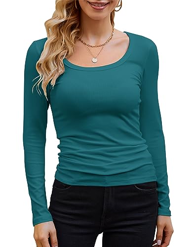 GEMBERA Damen Langarm-Shirt mit U-Ausschnitt, geripptes Strick-Top, lässig, schmal geschnitten, Basic Shirts, Blaugrün/Ein Hauch von Paradies (Trace of Paradise), Groß von GEMBERA