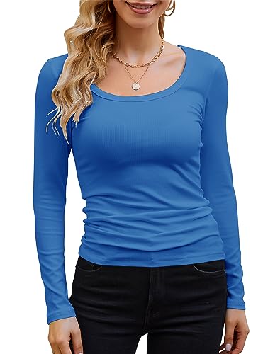 GEMBERA Damen Langarm-Shirt mit U-Ausschnitt, geripptes Strick-Top, lässig, schmal geschnitten, Basic Shirts, Königsblau, Klein von GEMBERA