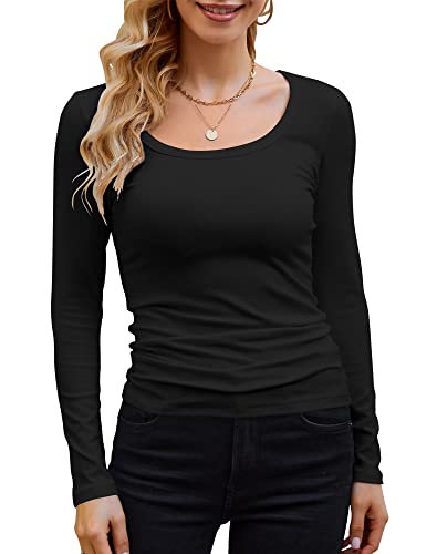 GEMBERA Damen Langarm U-Ausschnitt Rippstrick Tops Casual Slim Fitted Basic Shirts, Schwarz, Klein von GEMBERA