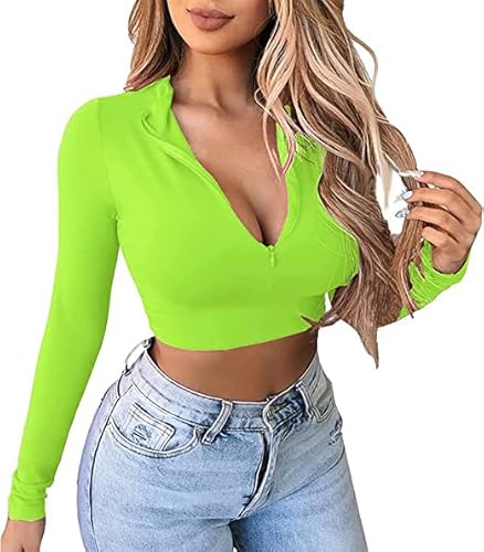 GEMBERA Damen Sexy Reißverschluss Crop Top Langarm Tiefer V-Ausschnitt Slim Casual Basic Crop T Shirt, Neon-Grün, Klein von GEMBERA