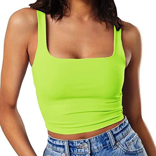 GEMBERA Damen Sexy ärmelloses Trägershirt mit quadratischem Ausschnitt, bauchfreies Tank-Top, enganliegend, Fitnessstudio, dehnbar, bauchfrei, Neon-Grün, X-Klein von GEMBERA