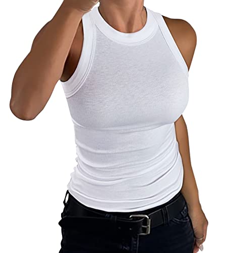 GEMBERA Damen Slim Full Length Sleeveless Racerback Casual Basic Ribbed Fitted Tank Top, Weiß, Groß von GEMBERA