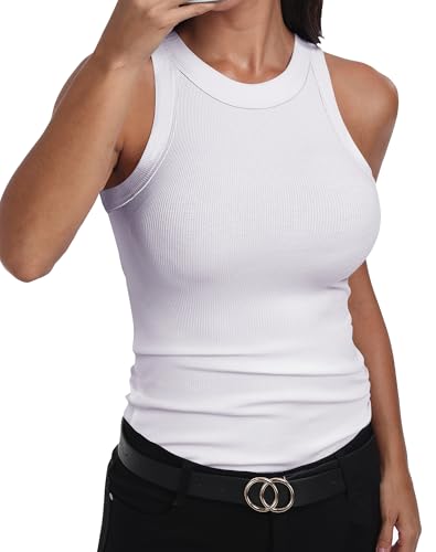 GEMBERA Ärmelloses Tanktop für Damen, Racerback, hoher Halsausschnitt, lässig, Baumwolle, gerippt, tailliert, Weiss/opulenter Garten, Mittel von GEMBERA