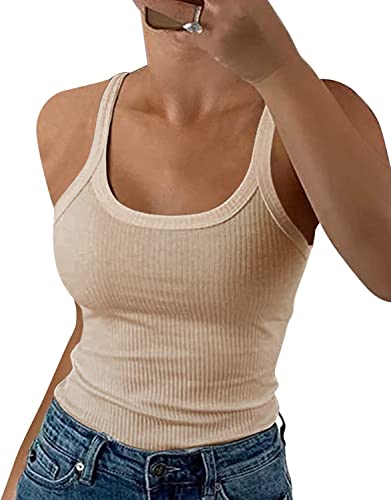 GEMBERA Damen Spaghettiträger, U-Ausschnitt, geripptes Tank-Top, schmal geschnitten, Baumwolle, Camisole Basic, ärmellos, Layering Shirts, Beige Hellbraun, Mittel von GEMBERA