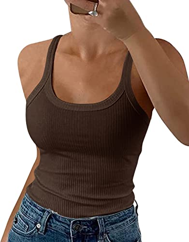 GEMBERA Damen Spaghettiträger, U-Ausschnitt, geripptes Tank-Top, schmal geschnitten, Baumwolle, Camisole Basic, ärmellos, Layering Shirts, Braun, Groß von GEMBERA