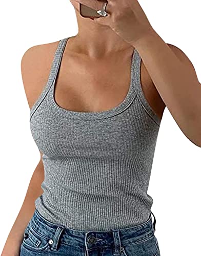 GEMBERA Damen Spaghettiträger, U-Ausschnitt, geripptes Tank-Top, schmal geschnitten, Baumwolle, Camisole Basic, ärmellos, Layering Shirts, Meliert, Grau, Klein von GEMBERA