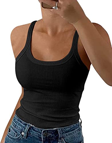 GEMBERA Damen Spaghettiträger, U-Ausschnitt, geripptes Tank-Top, schmal geschnitten, Baumwolle, Camisole Basic, ärmellos, Layering Shirts, Schwarz, Groß von GEMBERA