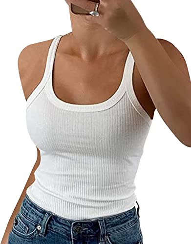 GEMBERA Damen Spaghettiträger, U-Ausschnitt, geripptes Tank-Top, schmal geschnitten, Baumwolle, Camisole Basic, ärmellos, Layering Shirts, Weiss/opulenter Garten, Klein von GEMBERA