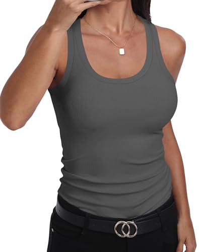 GEMBERA Damen-Tanktop mit U-Ausschnitt, ärmellos, Racerback, gerippt, enganliegend, Basic-Tanktop, grau dunkel, X-Groß von GEMBERA