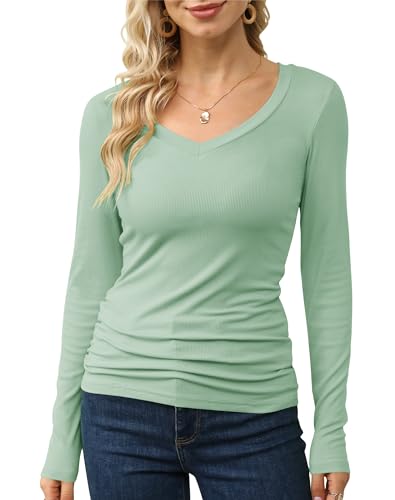 GEMBERA Damen V-Ausschnitt Rippstrick Langarm Tops Casual Slim Fitted Basic Shirts, Salbeigrün, Groß von GEMBERA