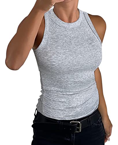 GEMBERA Damen ärmelloses Racerback High Neck Casual Basic Baumwolle Geripptes Tanktop, grau, Groß von GEMBERA