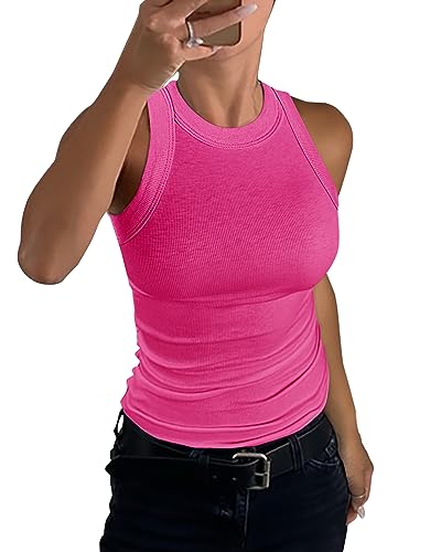 GEMBERA Damen ärmelloses Racerback High Neck Casual Basic Baumwolle Geripptes Tanktop, hot pink, Mittel von GEMBERA