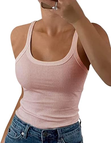 GEMBERA Damen-Tanktop mit Spaghettiträgern, U-Ausschnitt, gerippt, schmale Passform, Baumwolle, ärmellos, Layering-Shirt, Cameo Pink, Mittel von GEMBERA