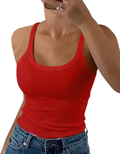 GEMBERA Frauen Spaghettiträger U-Ausschnitt Gerippte Tank Tops Slim Fitted Baumwolle Camisole Basic Sleeveless Layering Shirts, Rot/Ausflug, einfarbig (Getaway Solids), Mittel von GEMBERA