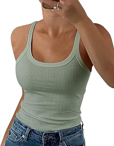 GEMBERA Frauen Spaghettiträger U-Ausschnitt Gerippte Tank Tops Slim Fitted Baumwolle Camisole Basic Sleeveless Layering Shirts, Salbeigrün, Mittel von GEMBERA