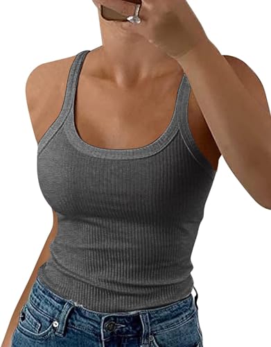 GEMBERA Frauen Spaghettiträger U-Ausschnitt Gerippte Tank Tops Slim Fitted Baumwolle Camisole Basic Sleeveless Layering Shirts, dunkelgrau (Dark Heather Grey), Mittel von GEMBERA