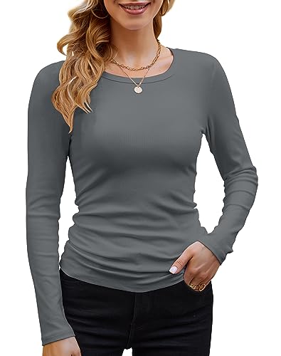 GEMBERA Gerippte Langarmshirts für Damen, Rundhalsausschnitt, leger, schmale Passform, Strickoberteile, Dunkelgrau, Klein von GEMBERA