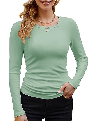 GEMBERA Gerippte Langarmshirts für Damen, Rundhalsausschnitt, leger, schmale Passform, Strickoberteile, Salbeigrün, X-Groß von GEMBERA