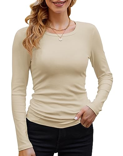 GEMBERA Geripptes Langarm-Shirt für Damen, Rundhalsausschnitt, lässig, schmal, enganliegend, gestrickt, Beige Hellbraun, X-Groß von GEMBERA