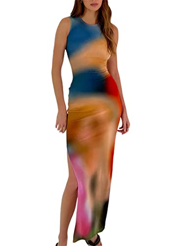 Damen Casual Tie-Dye Bodycon Maxikleid Ärmellos Tank Wrap Split Strand Party Lange Kleider, marineblau, Klein von GEMEIQ